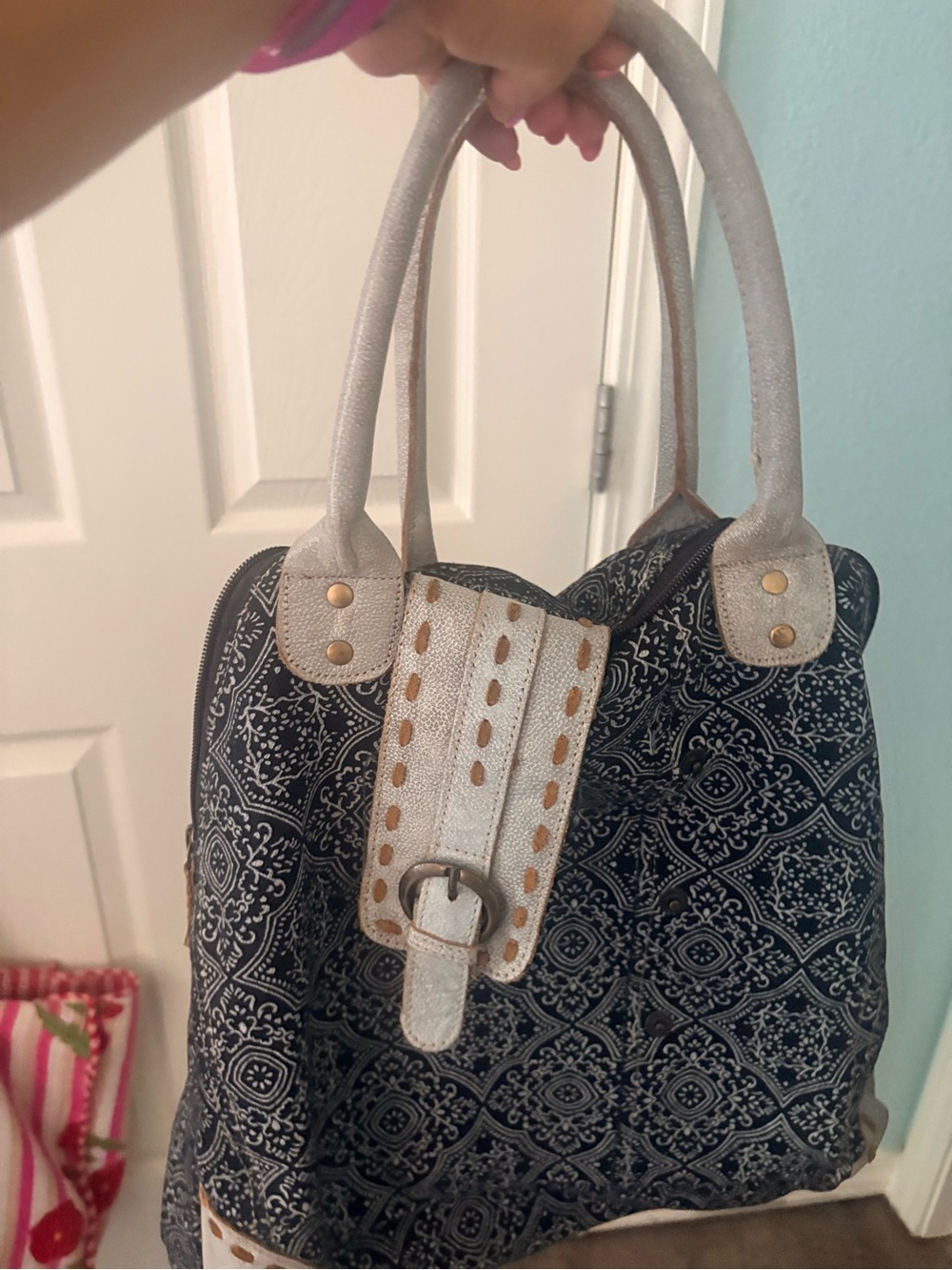 Myra Bag Black Patterned Shoulder Bag with Cream Accents and Gold Hardware